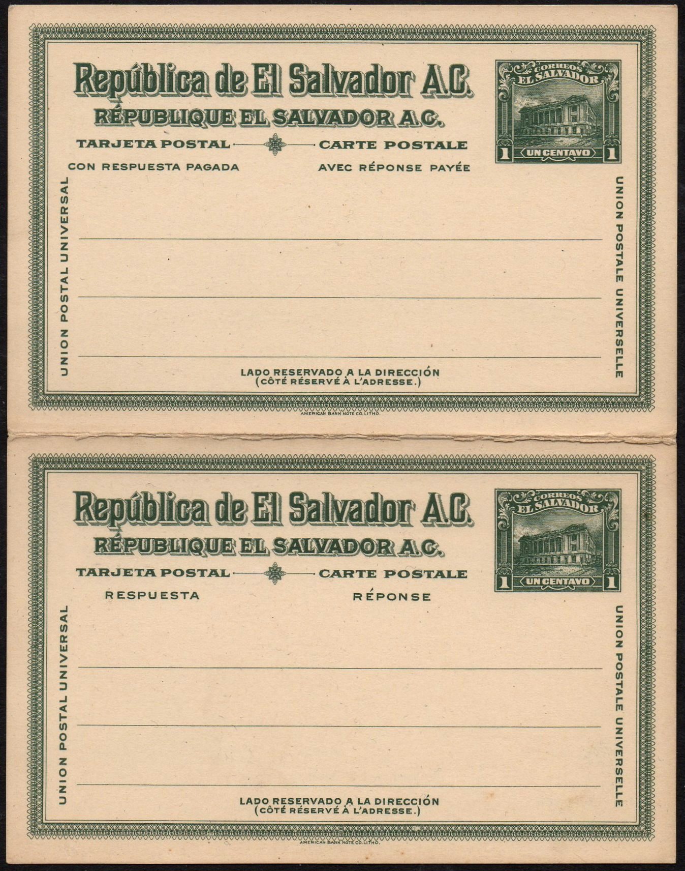 stamps El Salvador 1c+1c Postal ABN Co. Stationery Card perforated SPECIMEN and handstamped 'Return to / RECORD & SPECIMEN DEPT.'Ganzsache Entier Postal Tram Trolley Tranvia National Theatre teatro nacional 